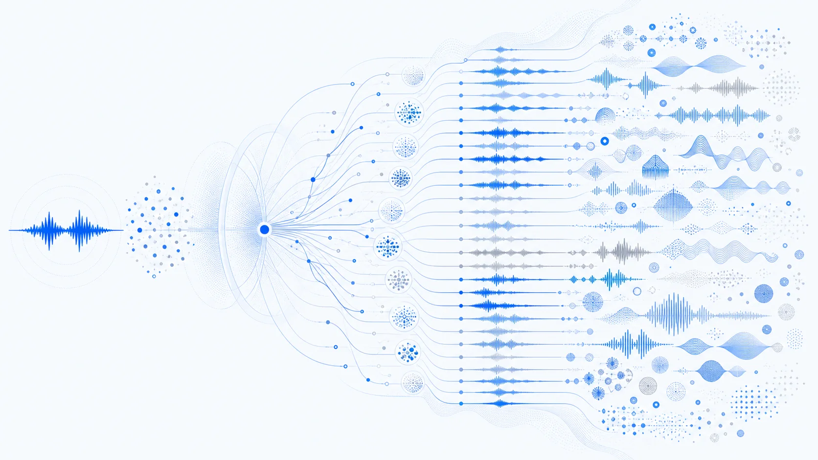The expansion from narrow speech recognition to massively multilingual ASR One speech waveform expanding into many distinct acoustic representations