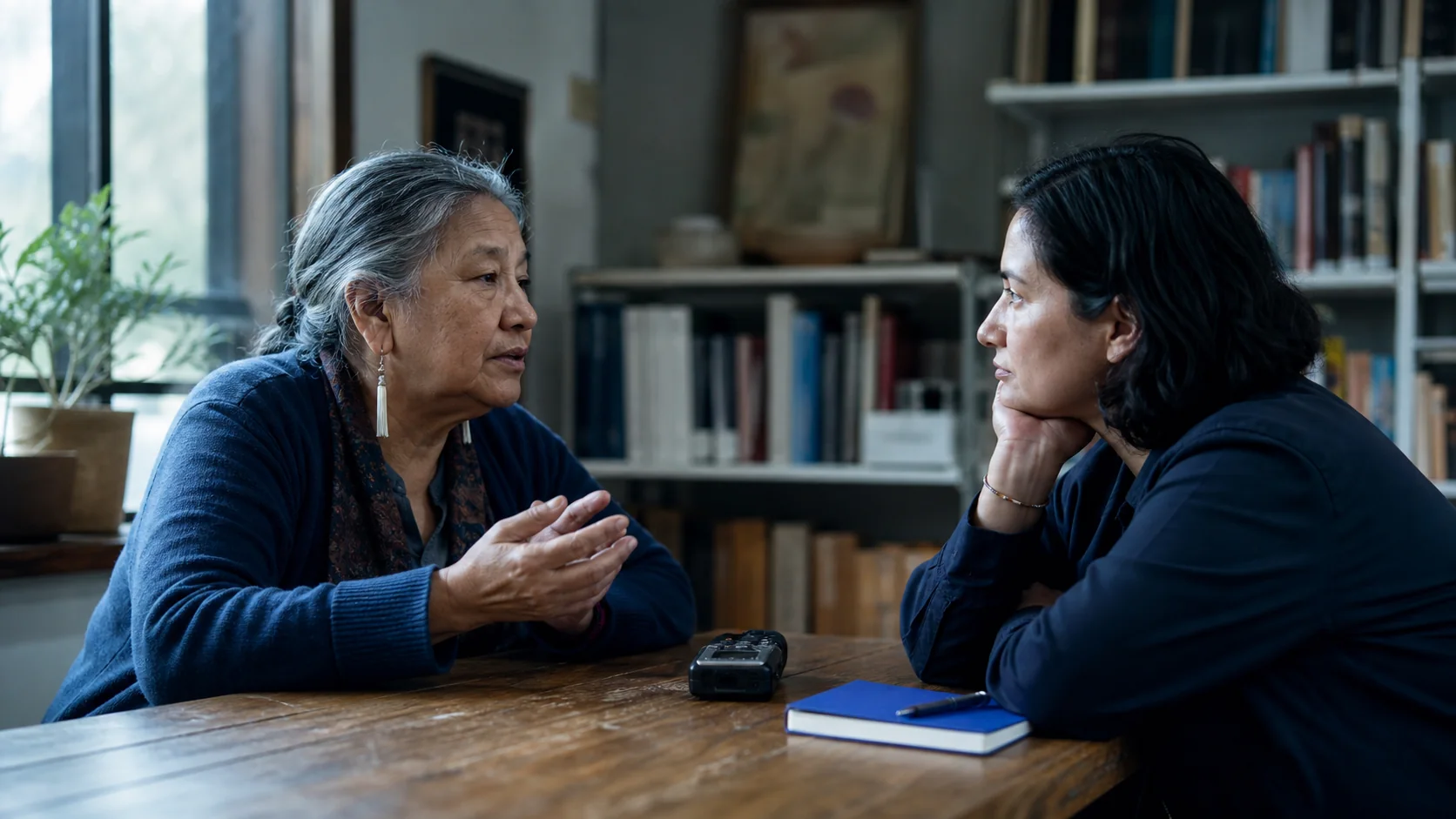 Responsible multilingual transcription for oral history and community archives An oral-history interviewer listening to an older speaker beside a discreet audio recorder